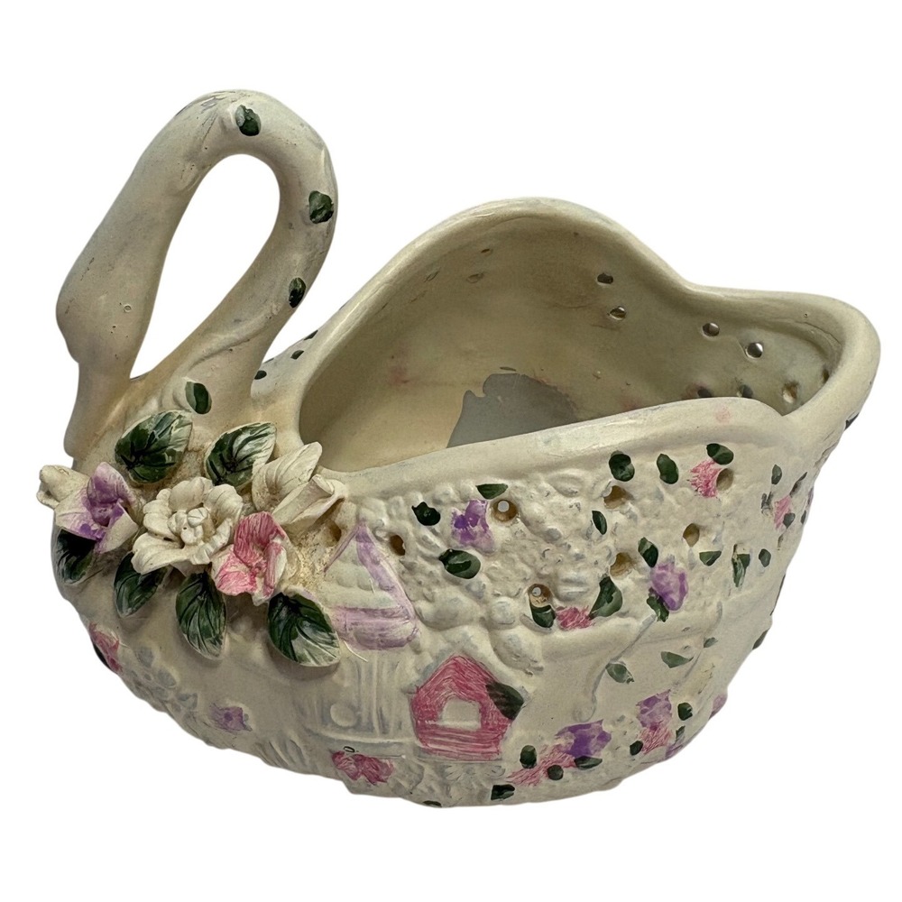 Ceramic Swan Planter Floral Cottage Scenic Embossed Decorative Bowl Vintage